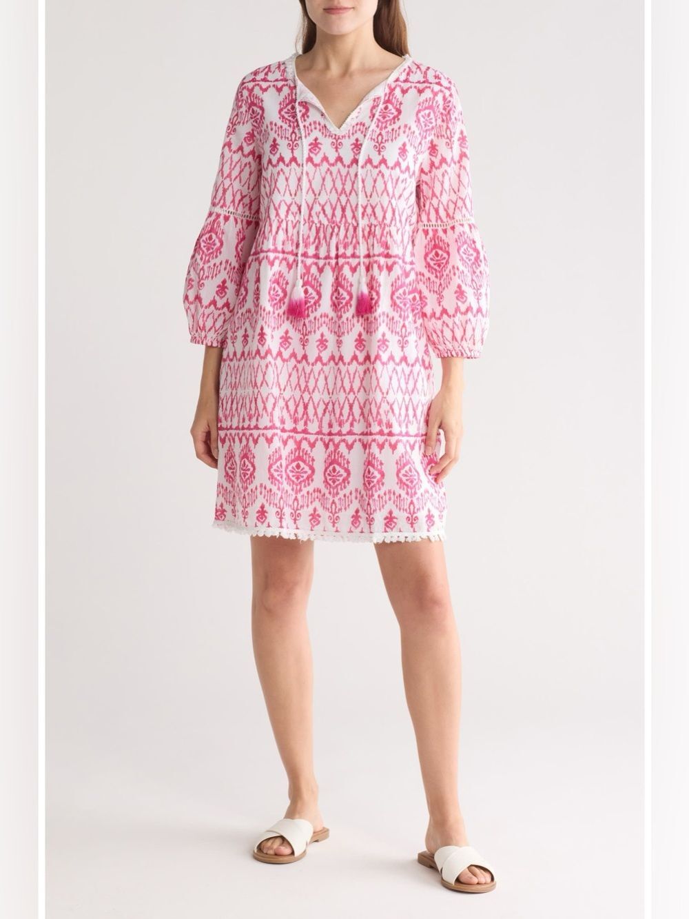Tommy Bahama Ikat Tropics Tiered Cover-Up Dress Pink & White Tassels Tie XL Boho